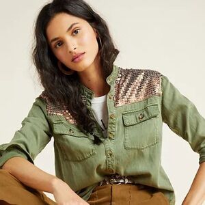 Anthropologie Sequined Cargo Shirt Olive Green size 8